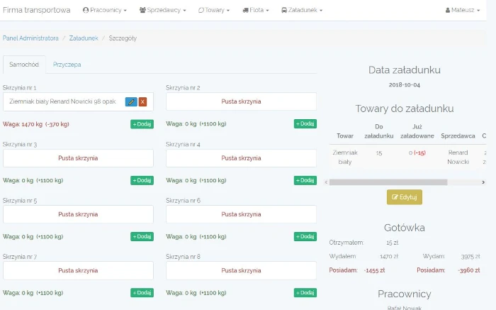Aplikacja wspomagająca załadunek samochodów ciężarowych w firmie transportowej