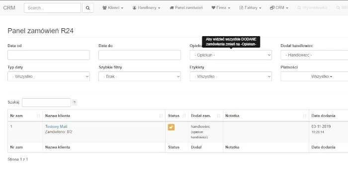 Panel zamówień w systemie CRM 
